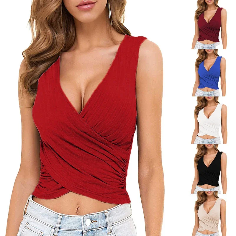 

Summer Women's Sexy Sleeveless Tank Top Solid Color V-neck Slim Vest Crop Top Fashion Trend Short T-Shirt Tops