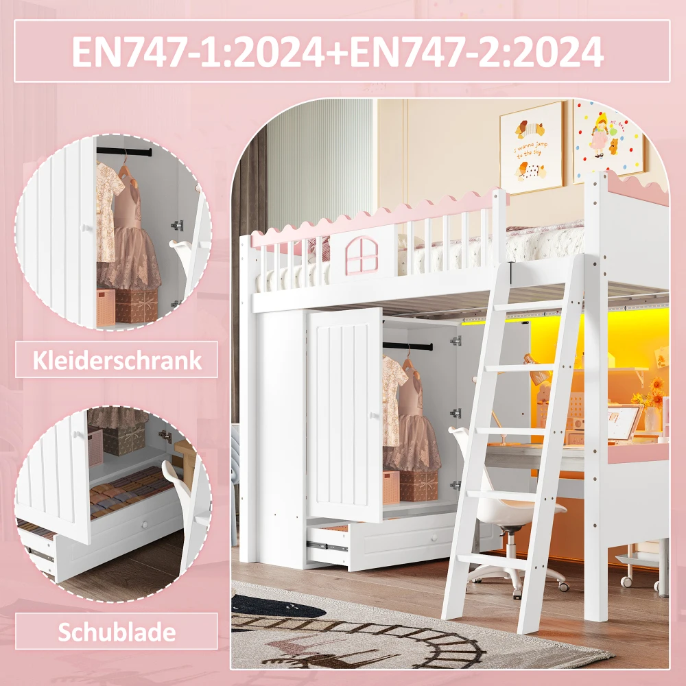 90x200cm modernes Etagenbett, Einzelbett (ohne Matratze), mit LED-Leuchten, mit Kleiderschrank, mit Ablagefach, Kiefernholz, für Schlafzimmer – Detail 7