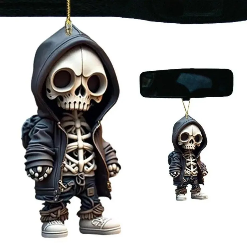 Skeleton Car Mirror Dangle Car Interior Decorations Acrylic Spooky Car Rearview Mirror Hangings Halloween Skeleton Statue