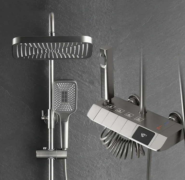 Piano Key Gun Gray Digital Display Shower System 4 Function Bathroom Rain Shower Combo Set with 3 Mode Bidet Sprayer 2