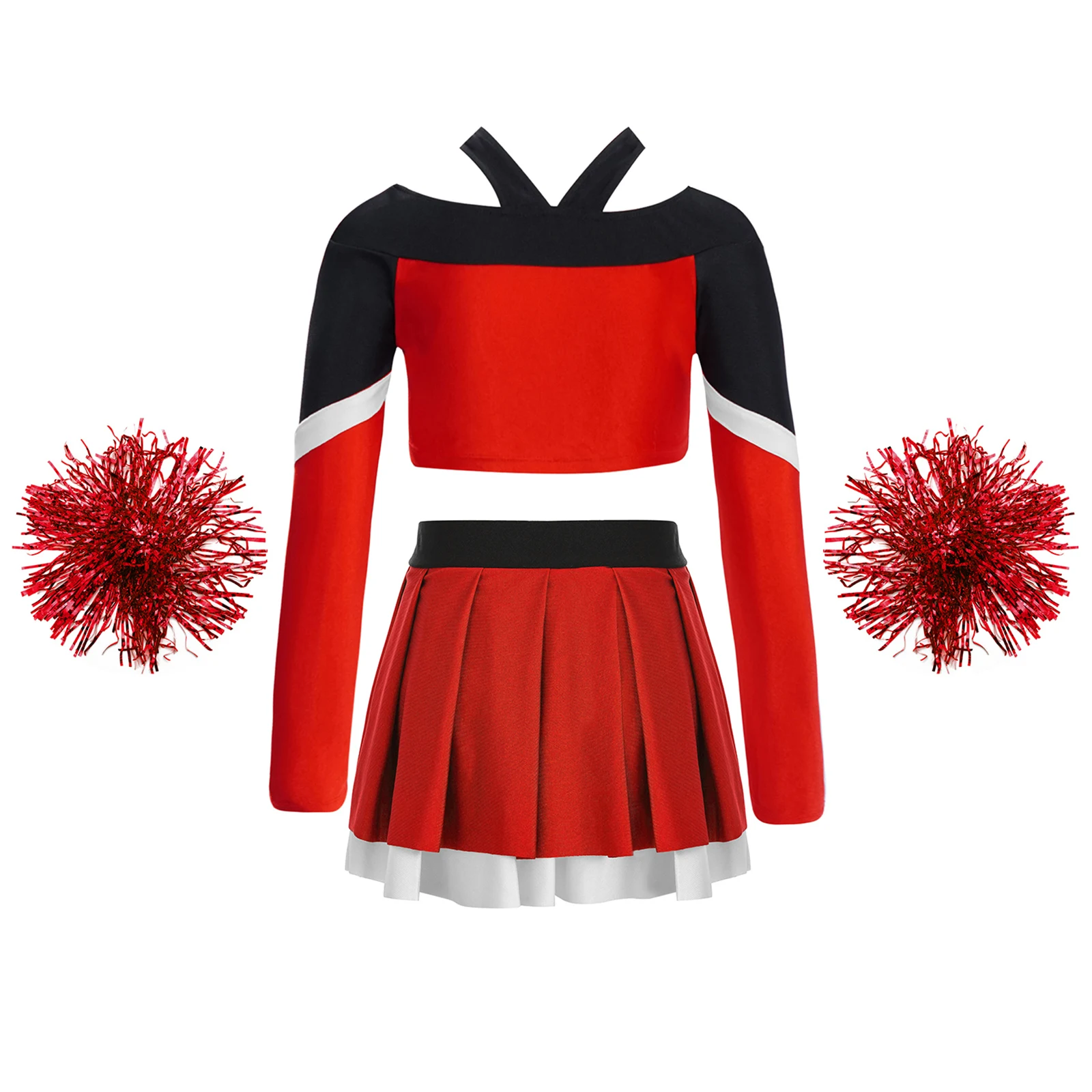 Kinder Mädchen Cheerleader Kostüm Cheerleading Uniform Performance Outfit Briefdruck Crop Top mit Faltenrock Blumenkugeln – Detail 8