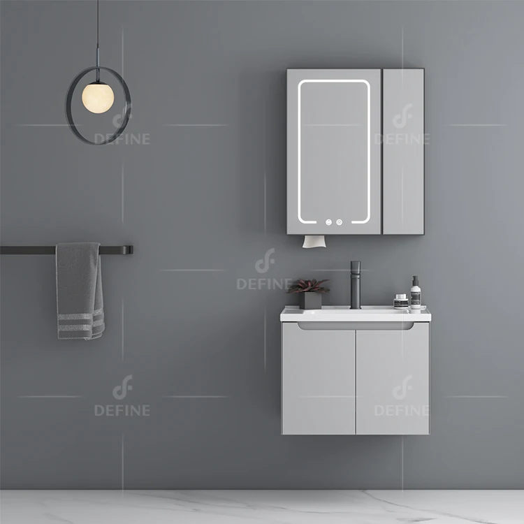 Space-saving Vanity Grey Color Wall Mounted Single Sink Cabinet For Hotel Bathroom With LED Mirror