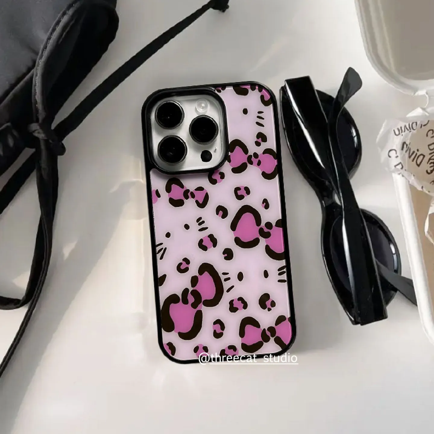 Pink Leopard Print Bow Cat Face Phone Case - Shockproof Silicone Back Cover