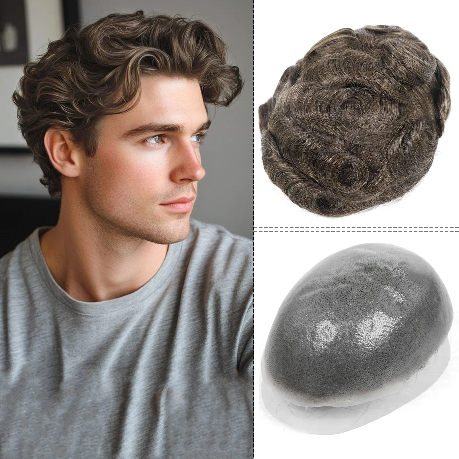 Brown Blonde Human Hair Man Toupee Full Pu Skin Base Toupee For Men 6" Short Natural Wave Hair Mens Wigs Hair Piece