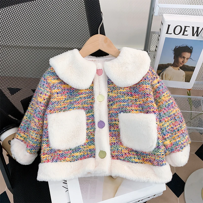 

Cute Girls Cotton Coat Peter Pan Collar Contrst Color One Breasted Fluffy Fleece Jackets 1-8Y Kids Winter Fashion Outerwears