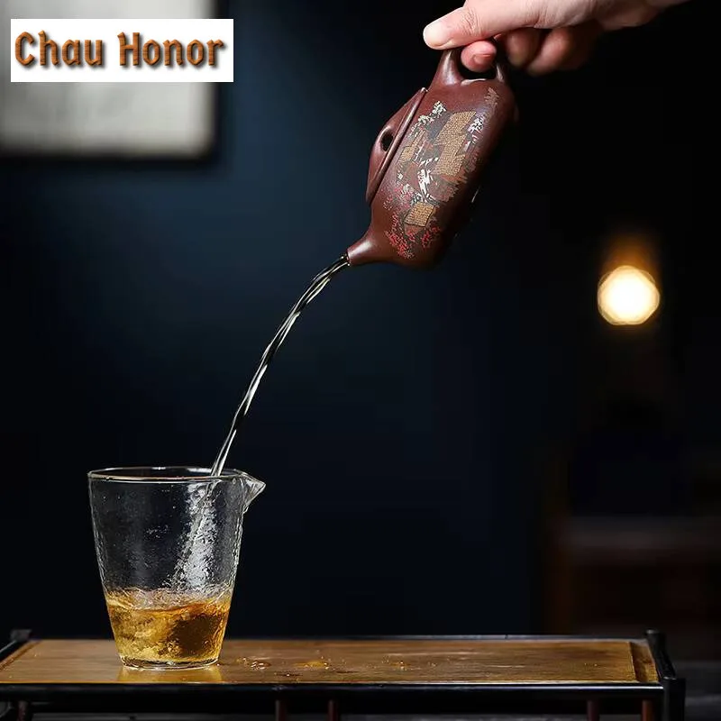 240ml Yixing Purple Clay Teapots Famous Handpainted Stone Scoop Tea Pot Raw Ore Purple Mud Kettle High-end Zisha Tea Set Gifts