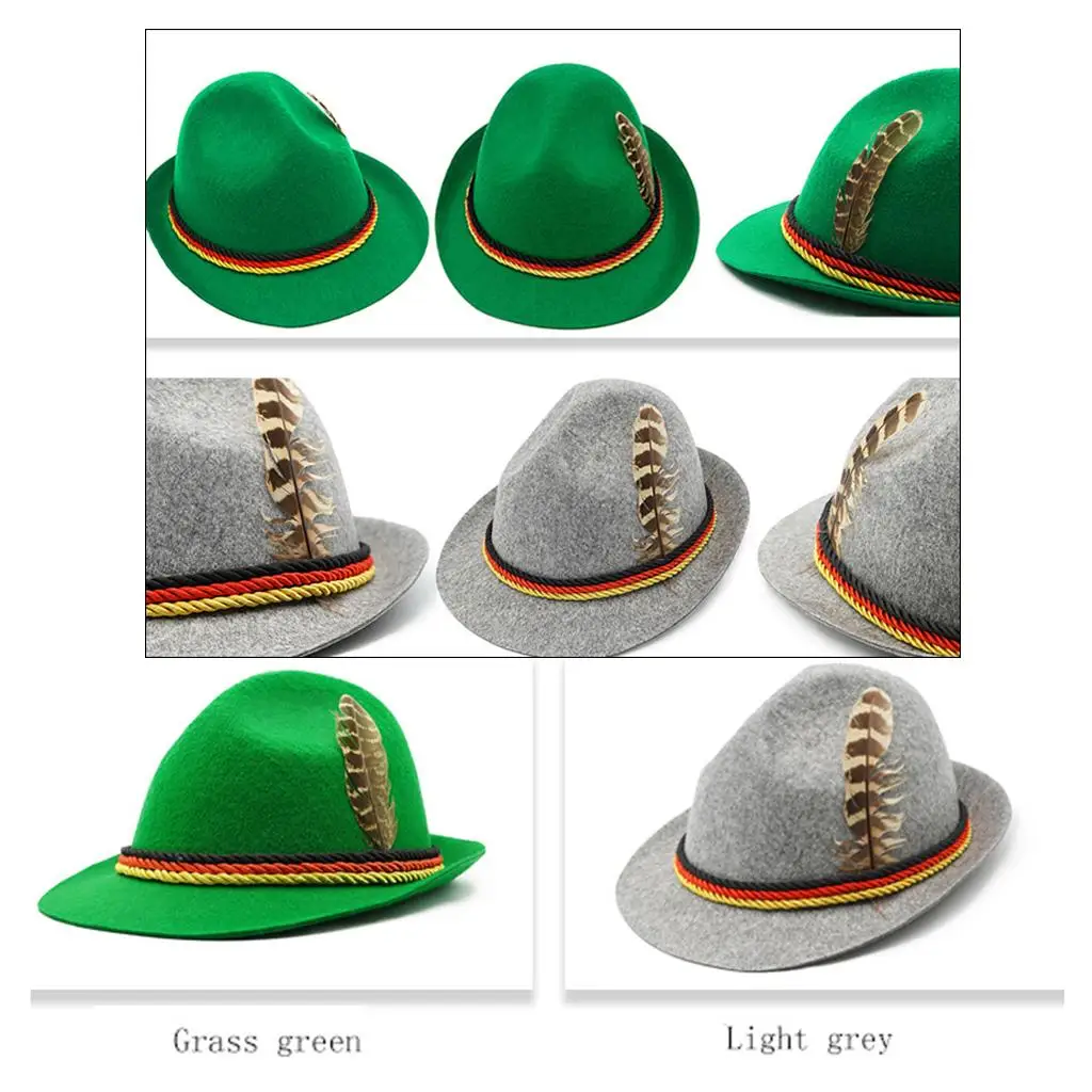 Unisex Fedora Hat Oktoberfest with Feather Green/ Light Gray Color 60cm/23.6' Bavarian Jazz adult oktoberfest hat