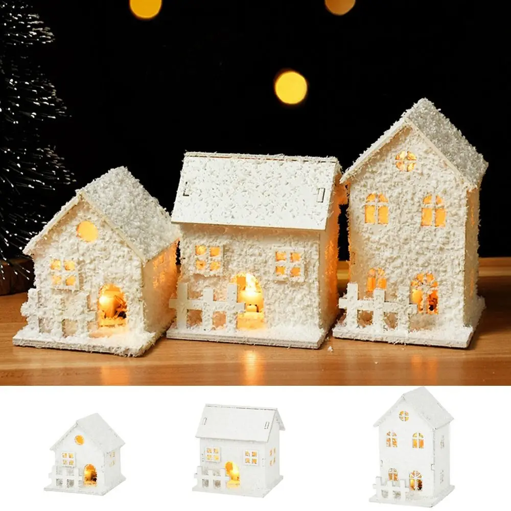 

Mini Christmas LED Light Wooden House Snow Cabin White Luminous Glowing Castle with Snowflake New Year
