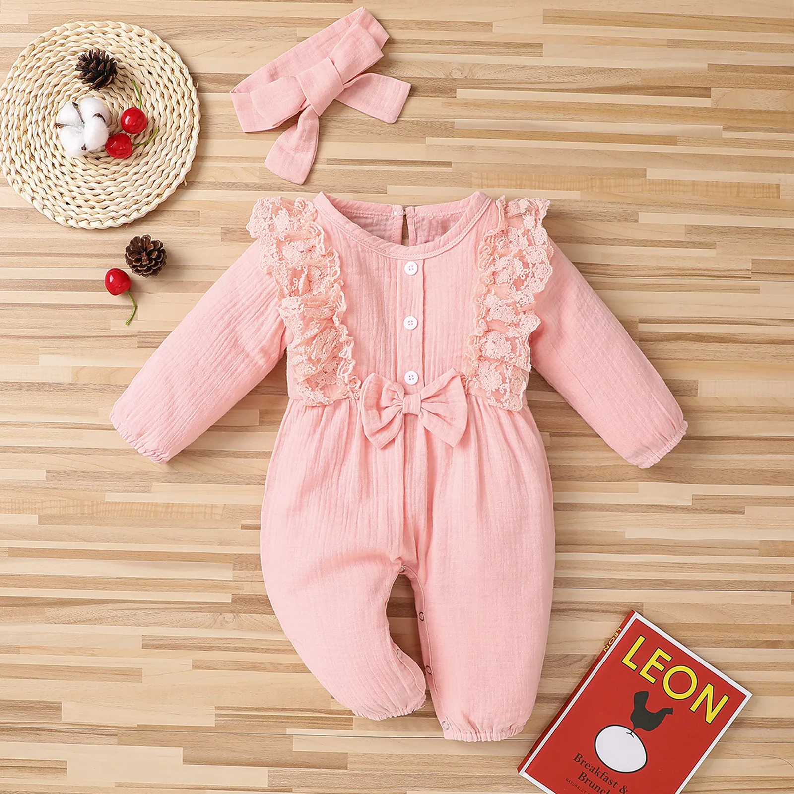 0-18Month Newborn Girls Romper Autumn Cute Bow Warm New Cotton Button Long Sleeve Baby Jumpsuit Pajamas+Butterfly Tie Hair Band