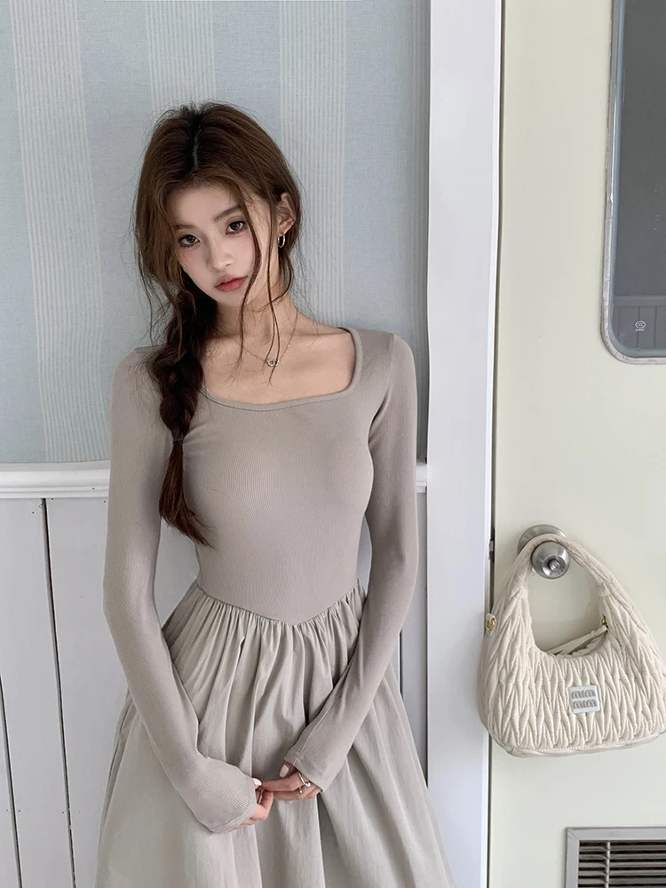 Casual Knitted Midi Dresses for Women Solid Long Sleeves Square Collar A-line Autumn New Elegant Dress Female Slim Vestidos