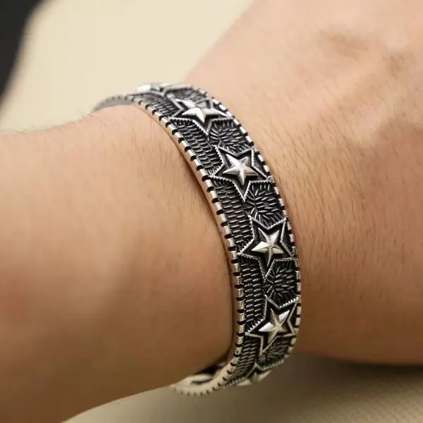S925 Sterling Silver Five pointed Star Bracelet for Men's Korean Fashion Open Punk Hip Hop Jewelry Thai Silver Bracelet Wide