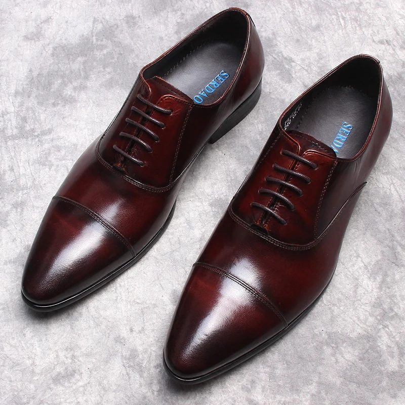 

Burgundy Black Men's New Business Dress Shoes Formal Wear Genuine Leather Shoes Men Handmade Lace-up Oxfords Shoes For Men