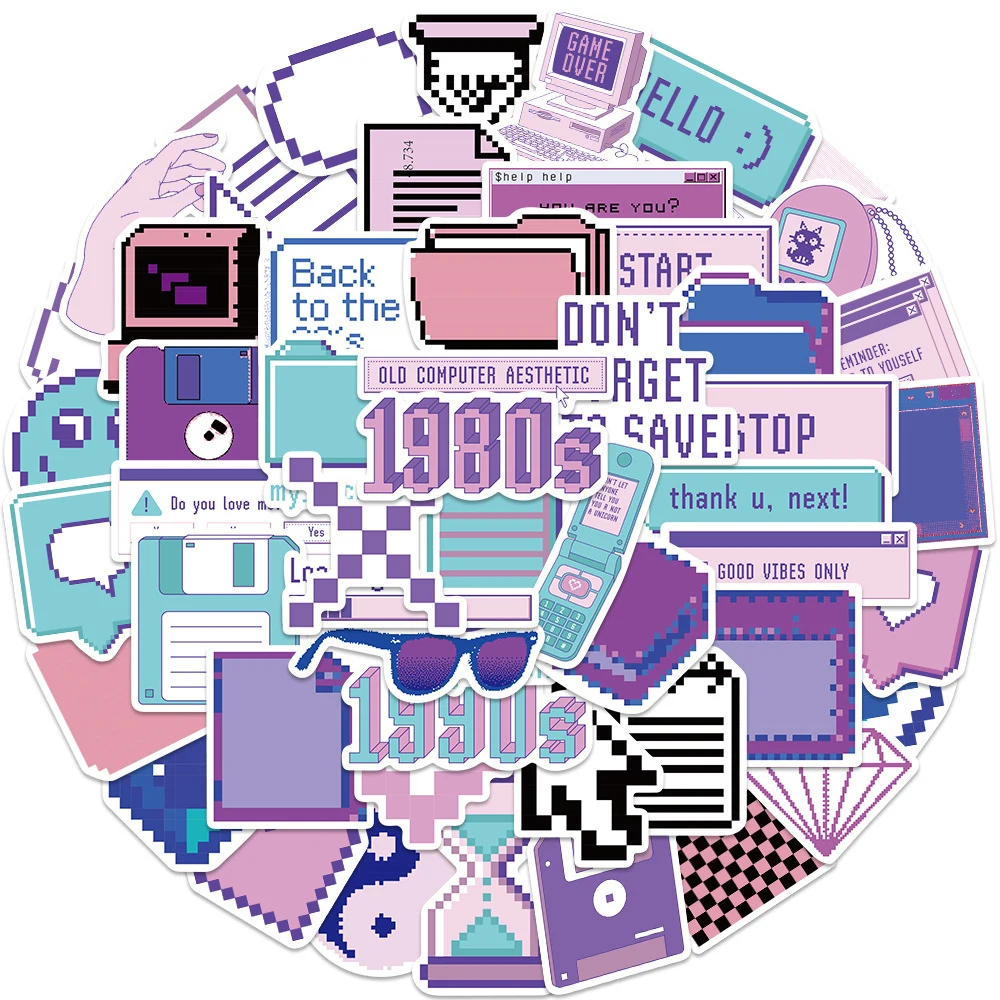 10/30/53PCS Cute INS Purple Pixel Graffiti Stickers Cartoon Decal Scrapbook Laptop Phone Luggage Decoration Sticker for Girl Kid