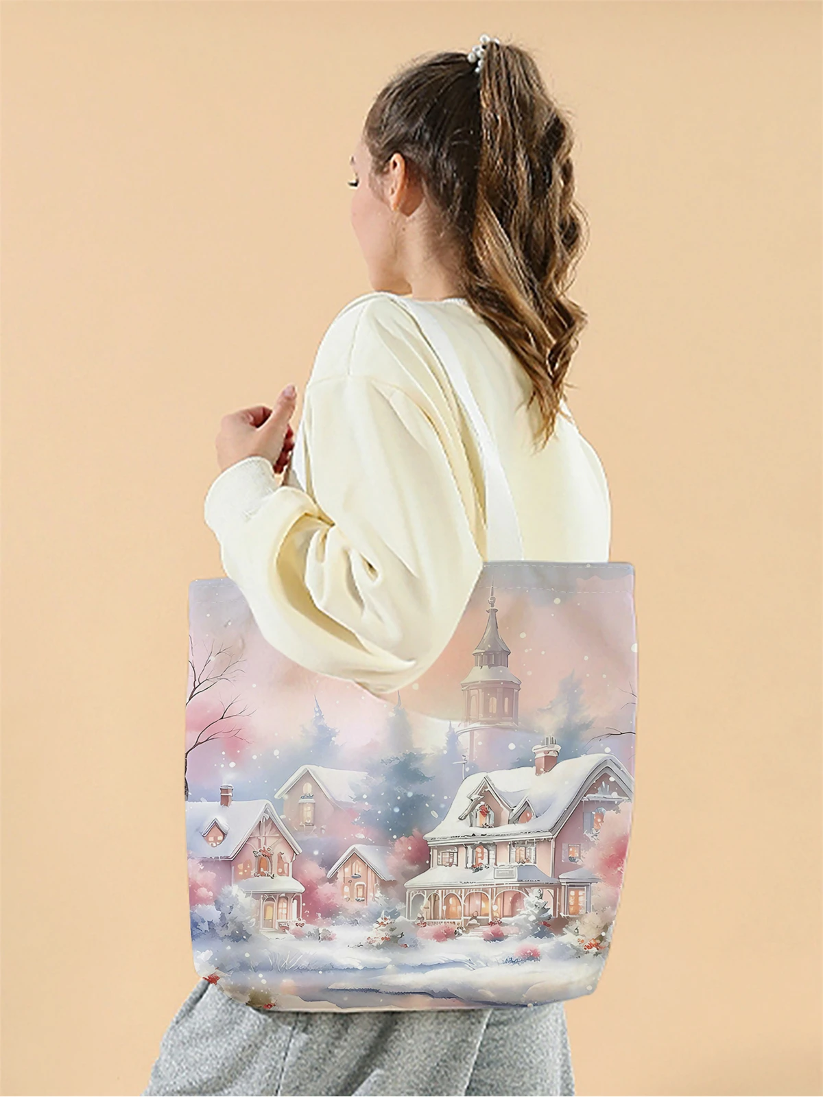 1pc,Happy Castle handbag, reusable fashionable handbag, multifunctional handbag, printed canvas shopping bag