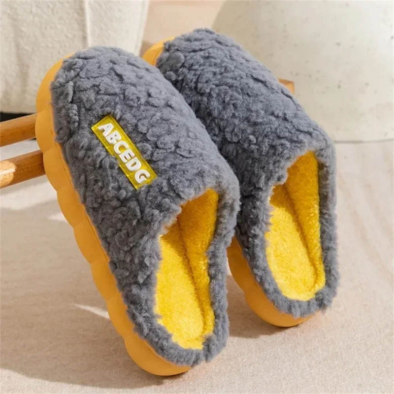 Women Men Fashionable Warm Non Slip Slippers Winter Home Leisure Fluffy Shoes Simple Couple Plush Slippers Cotton Slippers