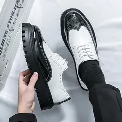 Men's White Leather Platform Loafers - Stylish British Design with Thick Soles for Casual Comfort (12560 white black)