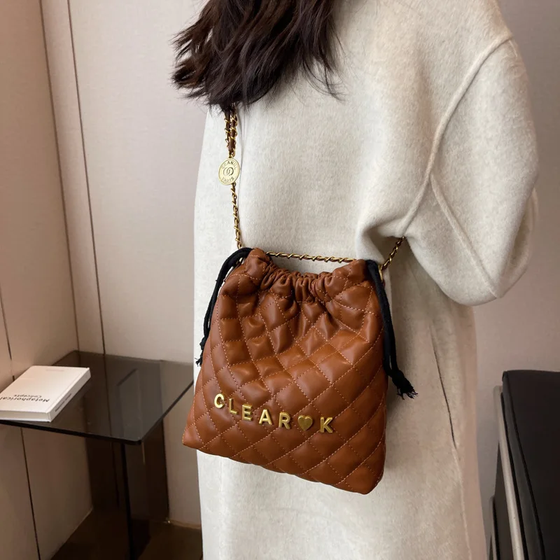 Fashion Women New Designer Luxury Rhombus Chain Shoulder Underarm Bag Advanced Texture Slung Bucket Bag