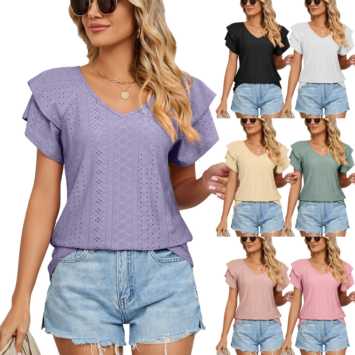 

Women's Shirt Spring and Summer New Solid Color Double-sleeved V-neck Loose Short-sleeved T-shirt Tops Female