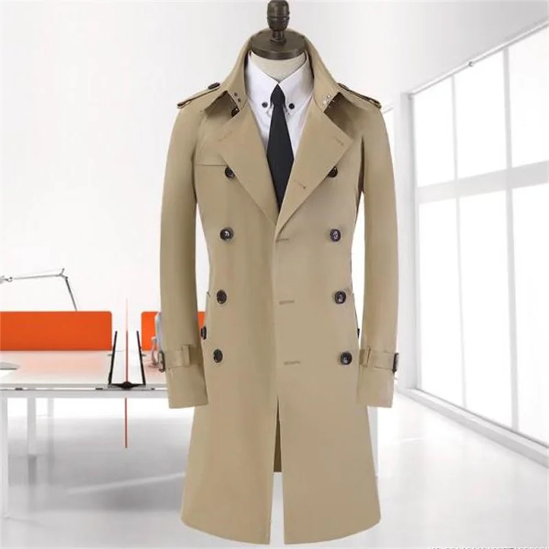 Korean men's trench coat brand clothing spring autumn men long coat new business khaki double