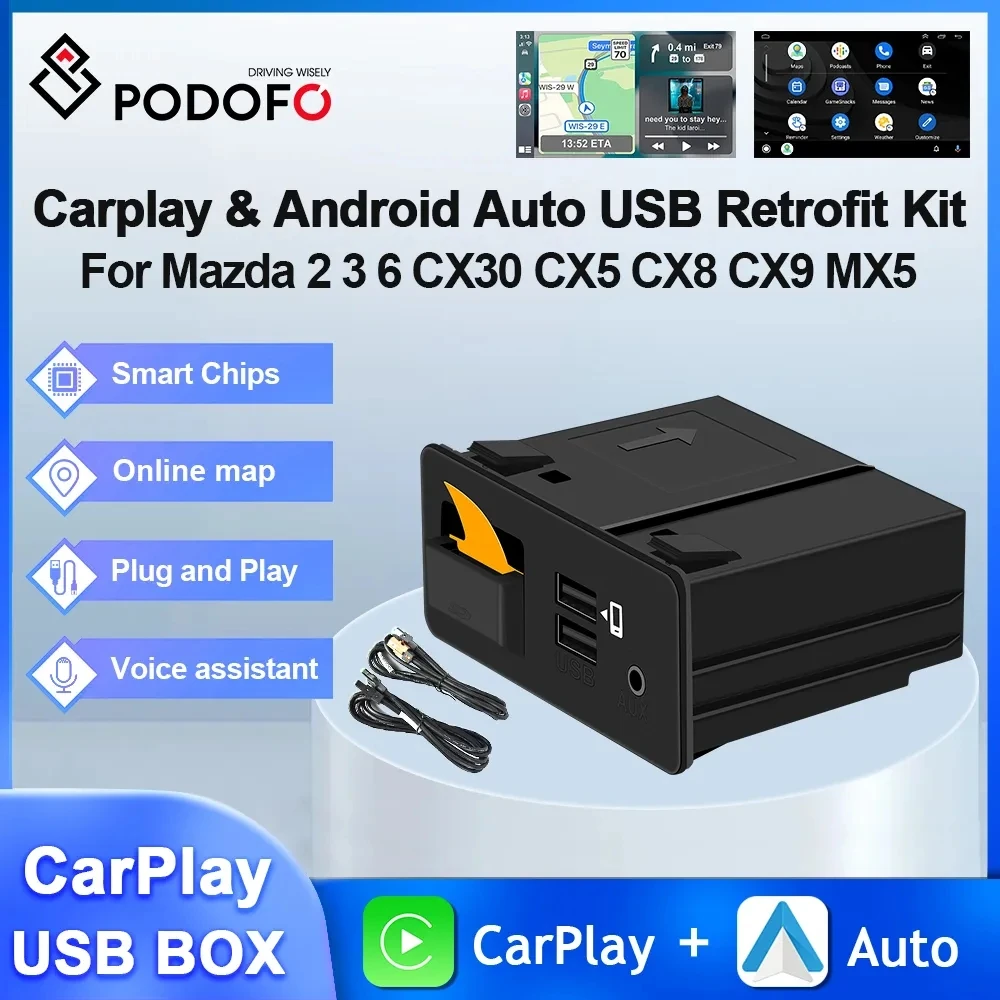 Podofo Carplay AI Box Android Auto USB Adapter Retrofit Kit Voice Control GPS Navigation For Mazda 2 3 6 CX30 CX5 CX8 CX9 MX5