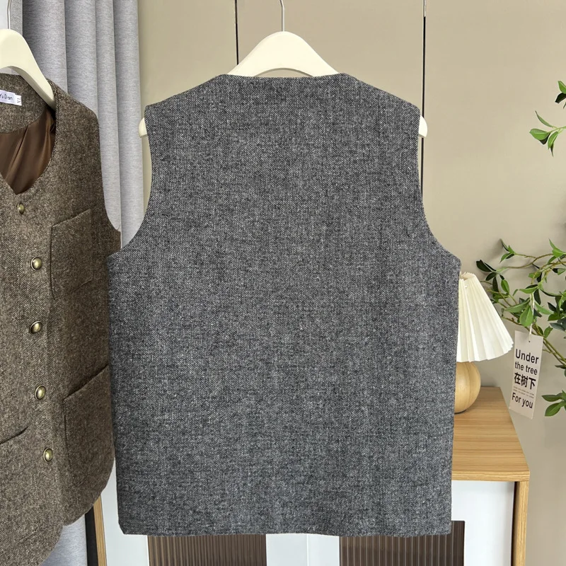 Plus Size Women Vest Spring Fall Loose Chic Crew-neck Woolen Waistcoat Temperament Tweed Sleeveless Jacket 2433