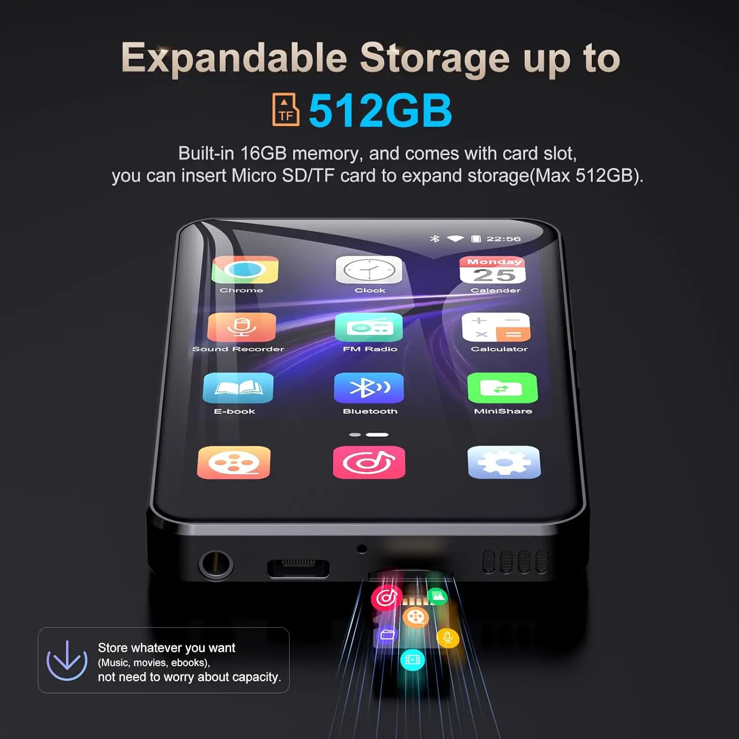 MP3 Player With Bluetooth 5.0 and WiFi 4.0-inch 1080P Full Touchscreen MP4/with Speakers Portable Digital HiFi FM/up to 512GB mp4 player music player mini media player