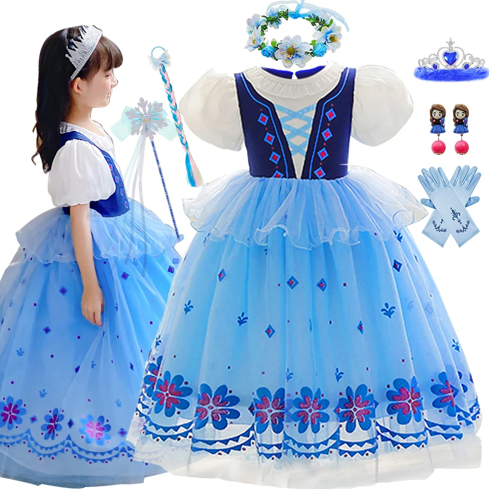 

2024 Anna Princess Cosplay Dress For Girls Elsa Birthday Costume Halloween Carnival Stage Performance Outfits Kid Elegant Gown