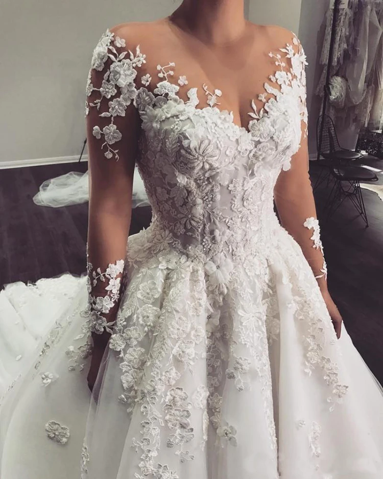 wedding dresses Luxury Illusion Sleeves Arabic Wedding Dresses 2022  3D Flowers Beaded Appliques Bridal Gown Vestidos Noiva Robe De Mariée wedding dresses