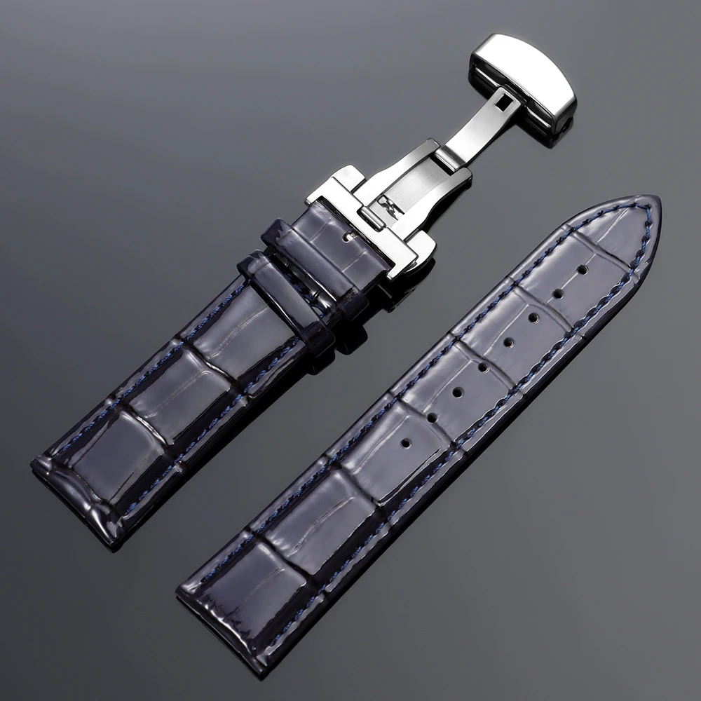 Luxurious Polished Genuine Leather Watch Band with Elegant Wooden Box and Butterfly Buckle - Available in Multiple Sizes