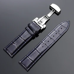 Luxurious Polished Genuine Leather Watch Band with Elegant Wooden Box and Butterfly Buckle - Available in Multiple Sizes - 22mm (Blue - only strap)