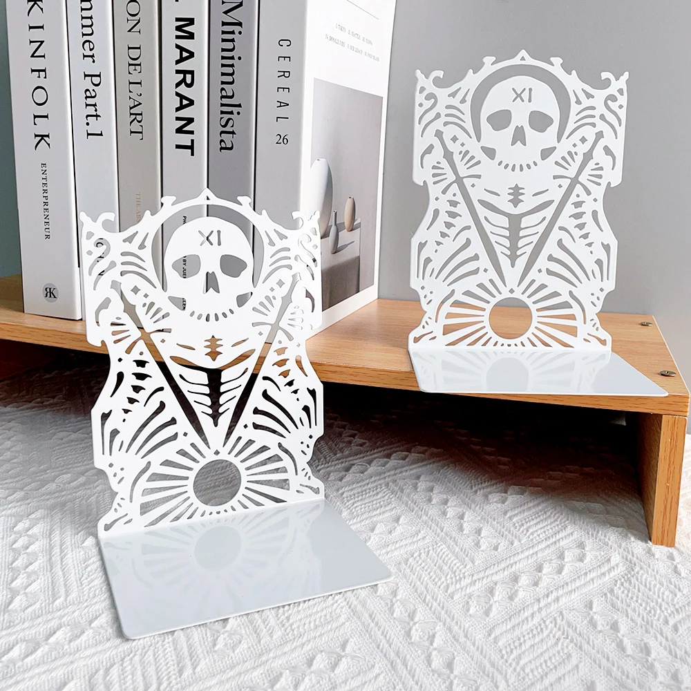White Skull Bookends Metal Craft Bookends Non-Slip Heavy Duty Bookends Gift for Book Lovers Desktop Office Supplies Iron Bookend 4