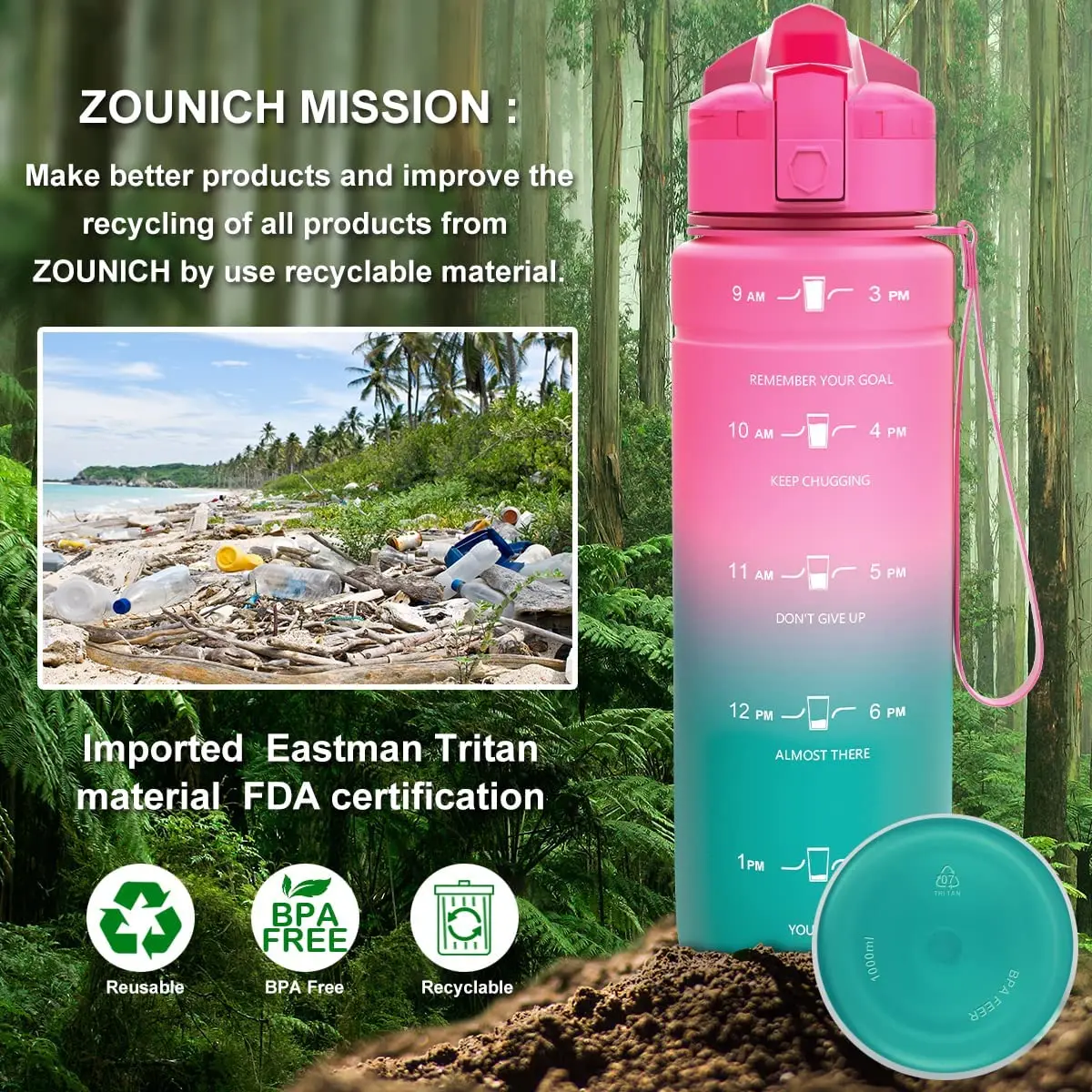 ZOUNICH 1L Motivational Water Bottle BPA Free Tritan Portable Reusable Water Cup For Outdoor Sports Fitness Large Capacity