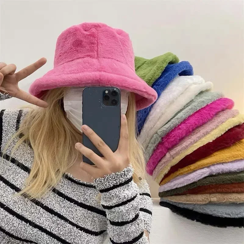 Autumn Winter Women Bucket Hat Soft Faux Rabbit Fur Panama Casual Hat,women bucket hat,women hat,bucket hat