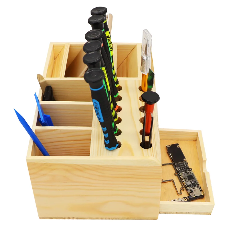 ToolGuide 다기능 나무 보관 상자 스크루 드라이버 족집게 홀더 휴대 전화 수리 데스크탑 리셉션 도구 부품 상자