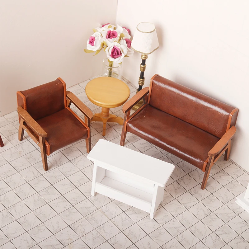 1:12 Dollhouse Miniature Sofa Leather Sofa Single/Double Chair Furniture Model Living Room Decor Toy Doll House Accessories