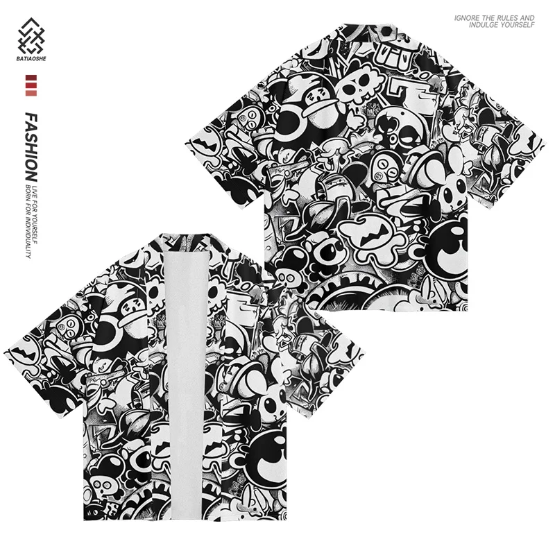 

National Tide Wind Cartoon Print with A Small Trend Casual Home Coat Kimono Robe Men Feather Woven Coat Loose Shirt