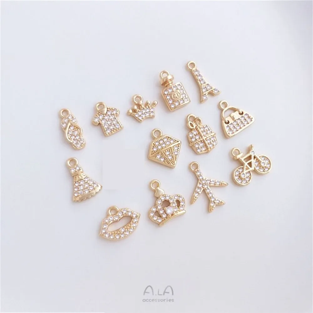 

14K package gold micro-set zirconia girl travel series small charm bag perfume skirt crown diy pendant