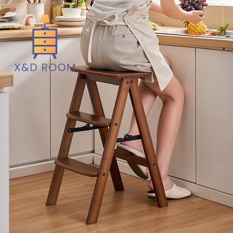 X&D Household Multifunctional Kitchen High Stool Foldable Stool Three Step Ladder Portable Thick Stable Small
