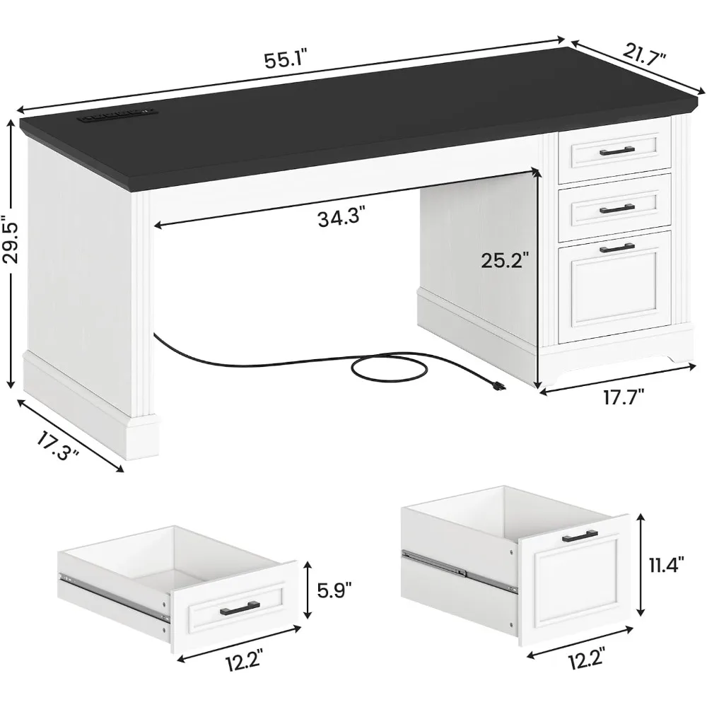 Office Desk, 55" Executive Computer Desk, 3 Drawers, Farmhouse Style, Power Outlet 2