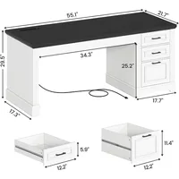 Office Desk, 55" Executive Computer Desk, 3 Drawers, Farmhouse Style, Power Outlet 2