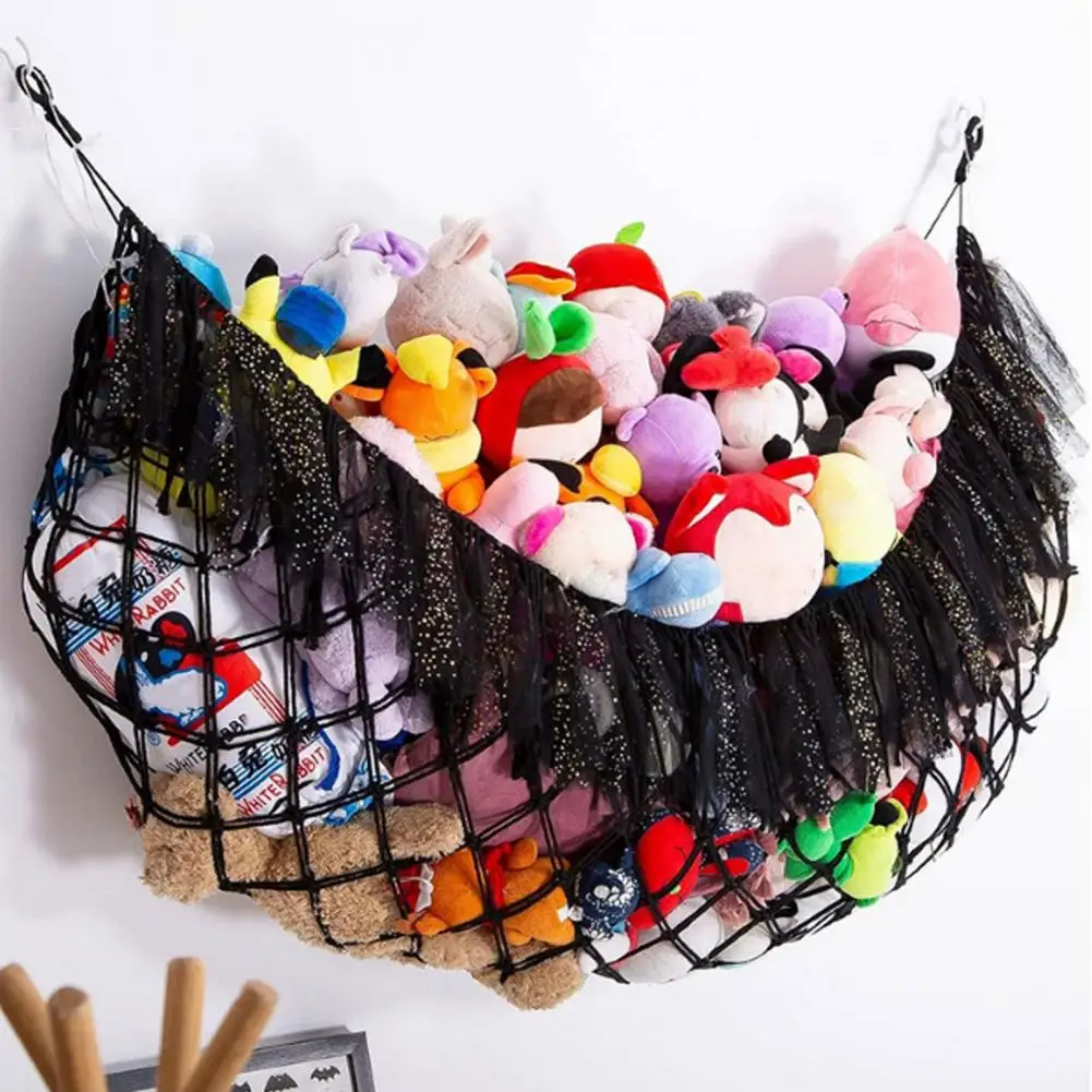 Bohemian Style Decor Plush Toy Hammock Capacity Wall-mounted Toy Net Bag with String Light Tassels Design Playroom for Stuffed 3