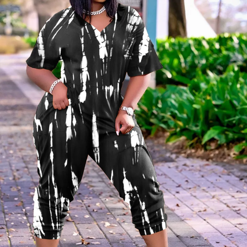 Summer New European and American Oversized Women's Clothing Casual Trend Stripe Printed Short Sleeve Loose Mid Waist Jumpsuit