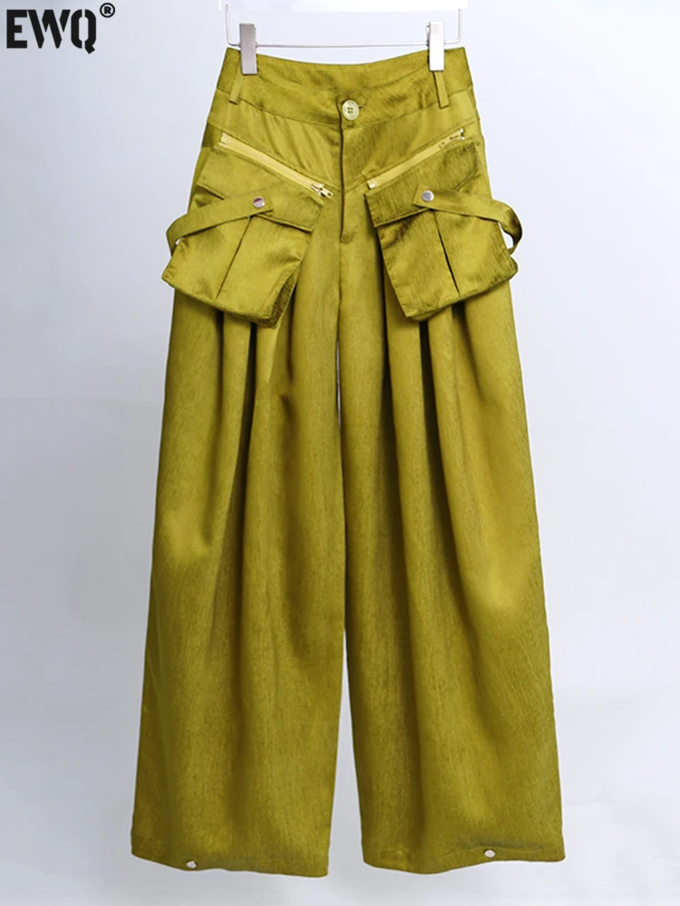 

[EWQ] Patchwork Pockets Pants Women High Waist Loose Casual Green Streetwear Wide Leg Trousers 2023 Autumn Winter New 16U5141