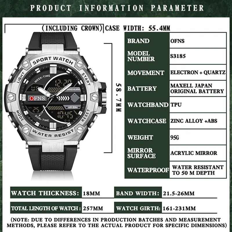 Men's Waterproof LED Sport Watch with Alarm and Dual Time Display