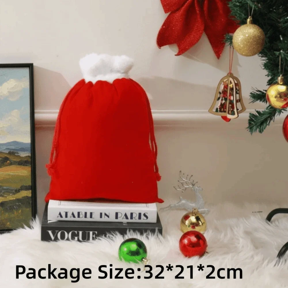 White Furry Trim Christmas Gift Bag Reusable Drawstring Holiday Bag