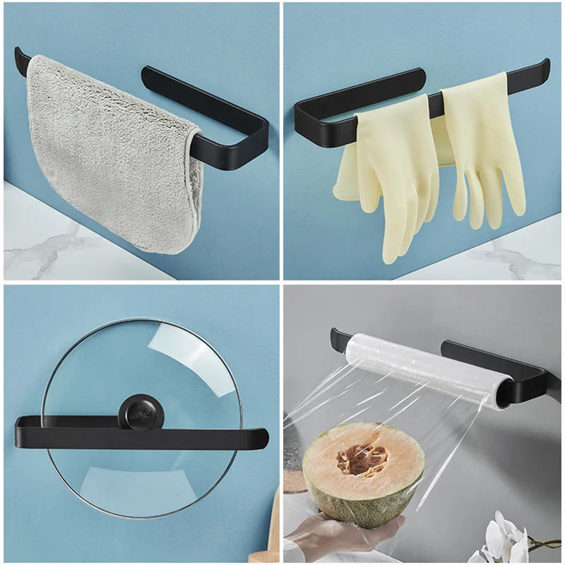 Aluminum Towel Rack Black Towel Ring Bathroom Paper Holder Hanging Rod Toilet Free Punch Wall Hanging Rack Home Organizer