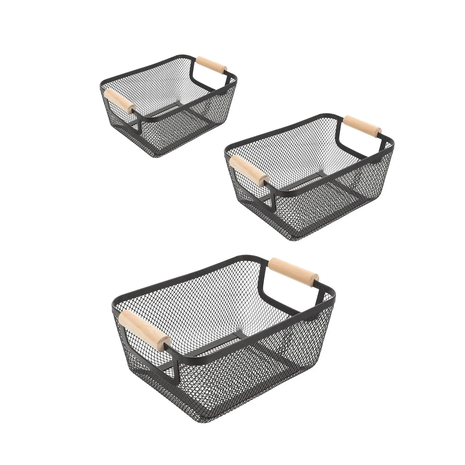 Metal Wire Bin Basket with Wooden Handle Multifunctional Countertop Organizer Portable for Living Rooms Breathable Lightweight 2