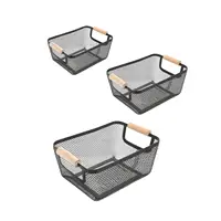 Metal Wire Bin Basket with Wooden Handle Multifunctional Countertop Organizer Portable for Living Rooms Breathable Lightweight 2