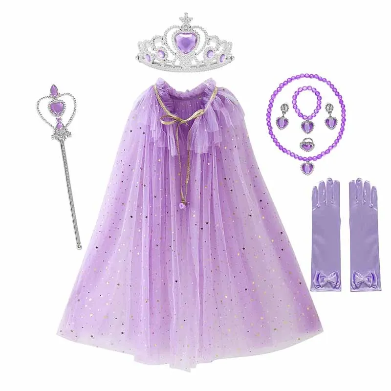 

Girl Sequin Drawstring Cloak Elsa Dress up Princess Accessories Aurora Cape Crown Magic Wand Necklace Glove Set Cosplay Mantle