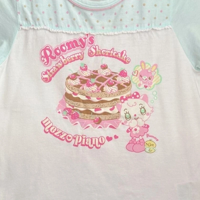 Summer Japanese Kawaii Cartoon Printing Tops Women Harajuku Wave Point Patchwork T-shirt Y2k Aesthetic Fairy Grunge Cute Tee 3
